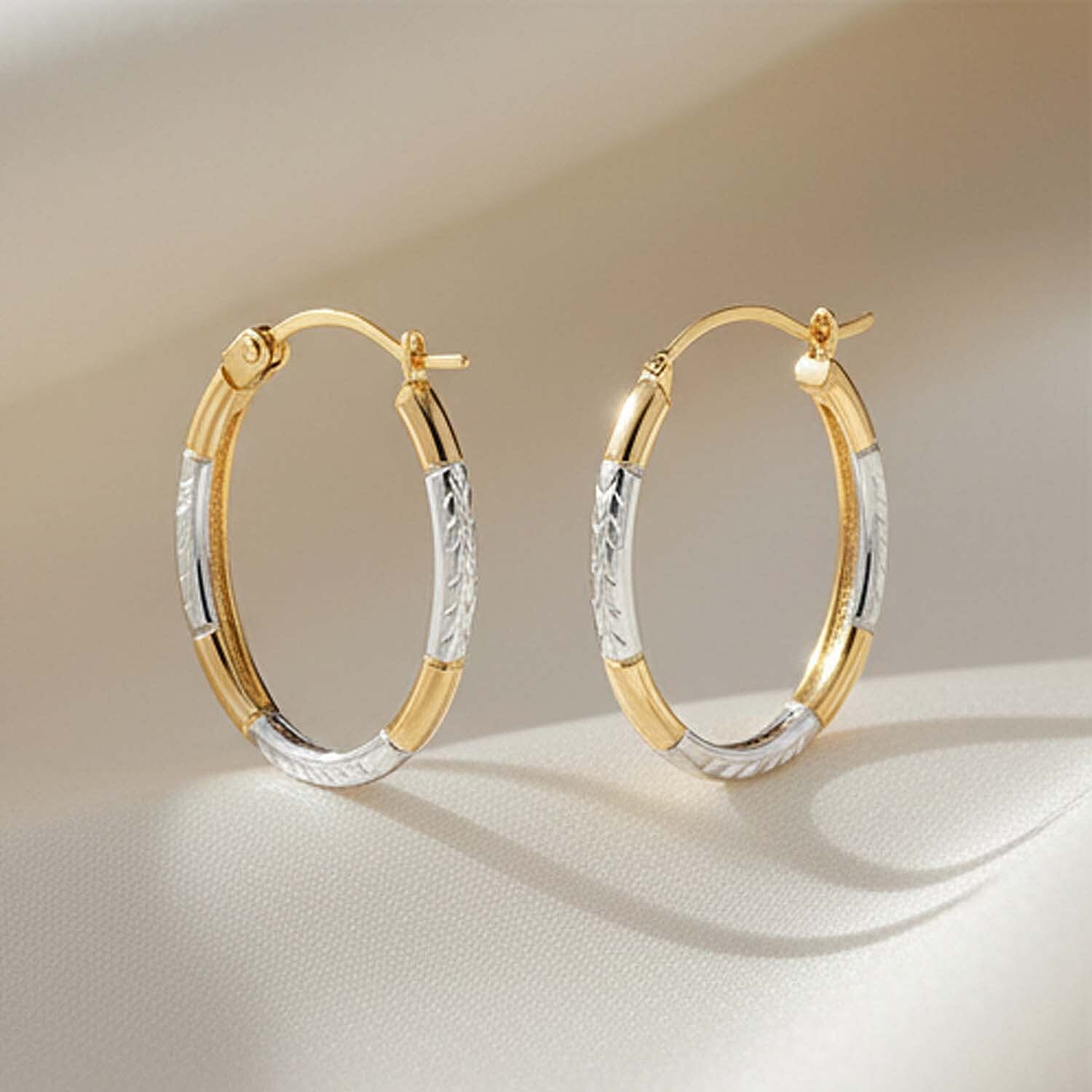 9K Two Colour Gold 14MM X 20MM Diamond Cut Oval Creole Earrings 0.44 grams