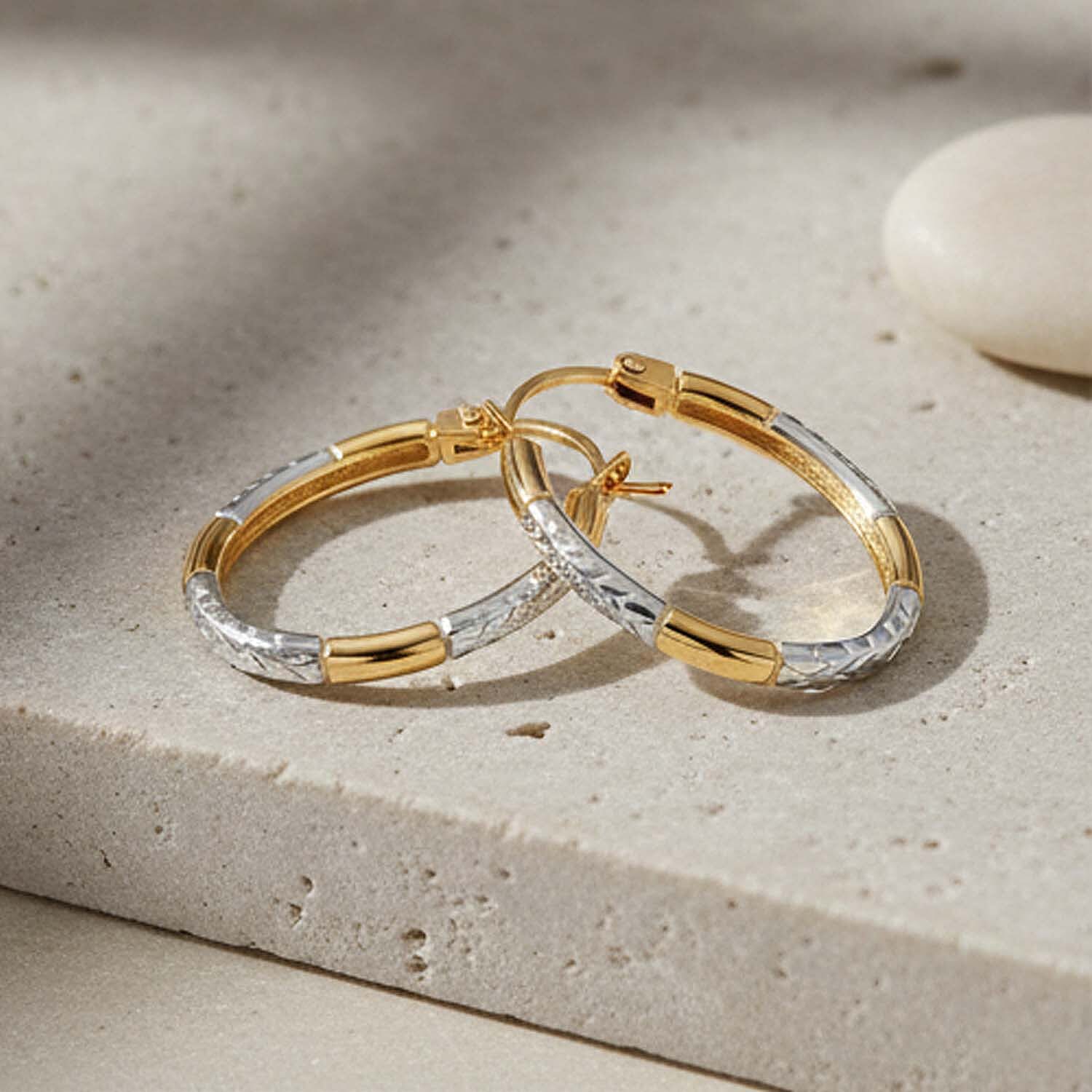 9K Two Colour Gold 14MM X 20MM Diamond Cut Oval Creole Earrings 0.44 grams