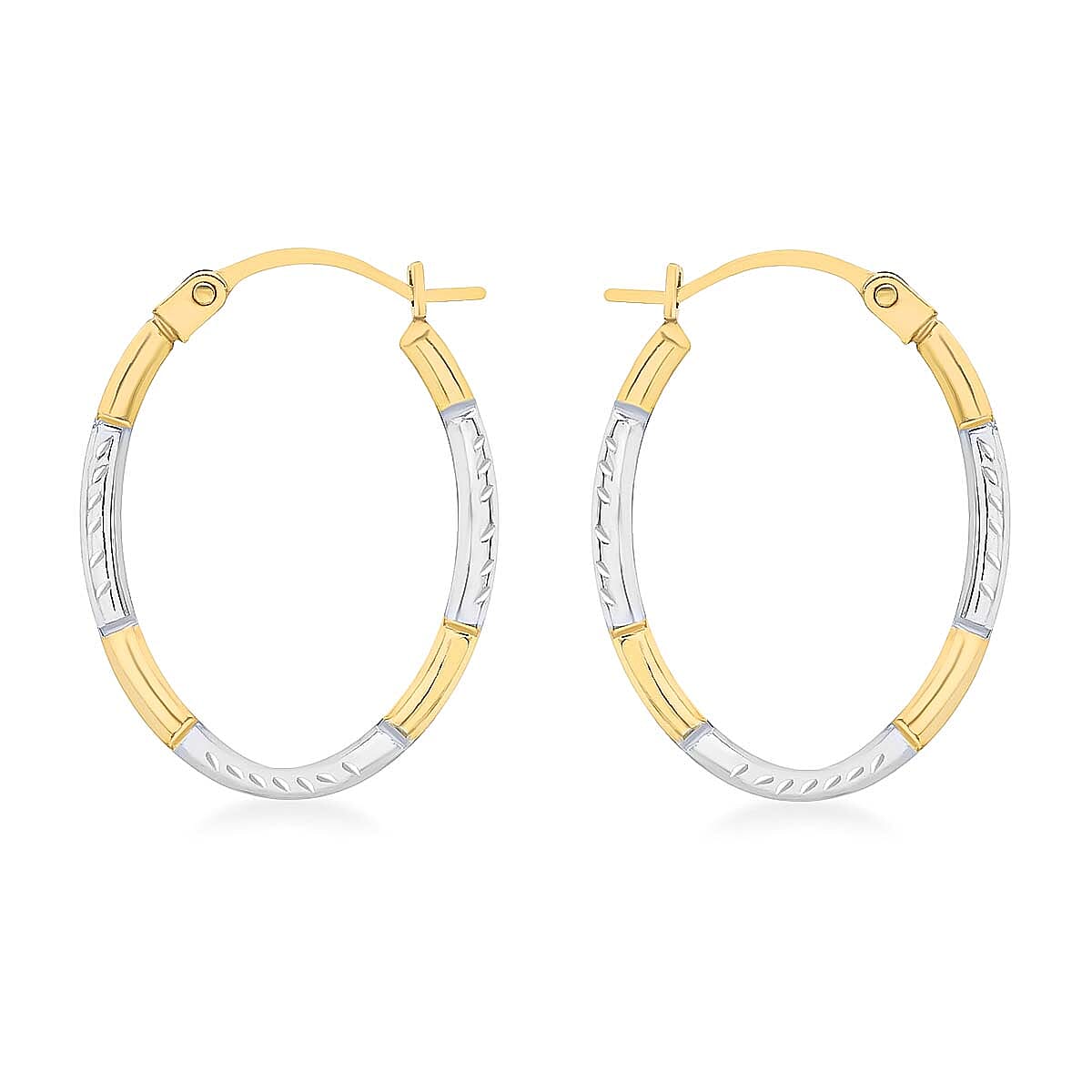 9K Two Colour Gold 14MM X 20MM Diamond Cut Oval Creole Earrings 0.44 grams