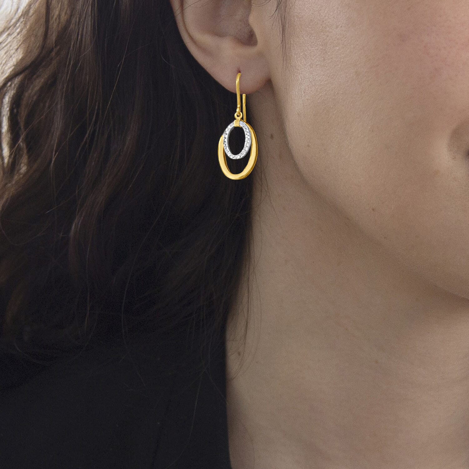 9K Two Colour Gold 12MM X 32MM Diamond Cut Double Oval Drop Earrings 2.1 grams