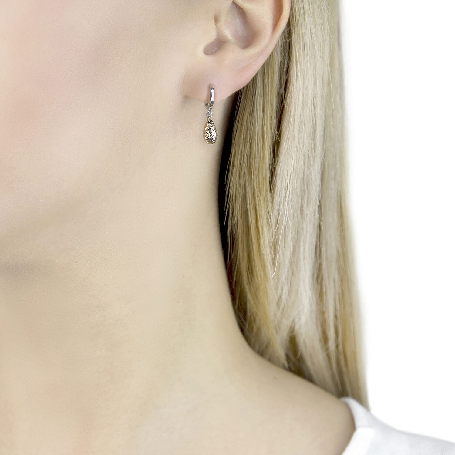 9K Two Colour Gold 10MM X 22MM Diamond Cut Teardrop Huggy Earrings 1.2 grams