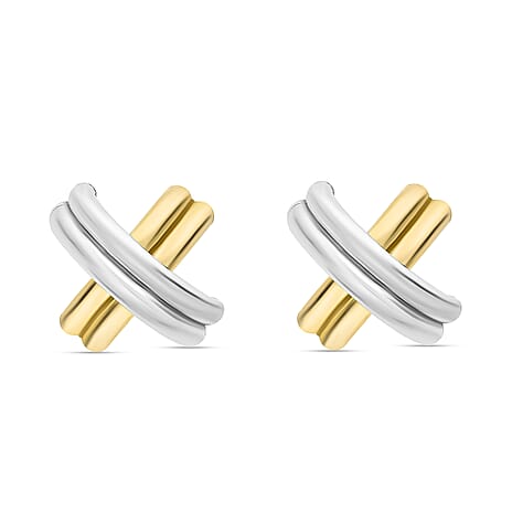 9K Two Colour Gold 13MM X 13MM Crossover Tube Kiss Stud Earrings 1.3 grams