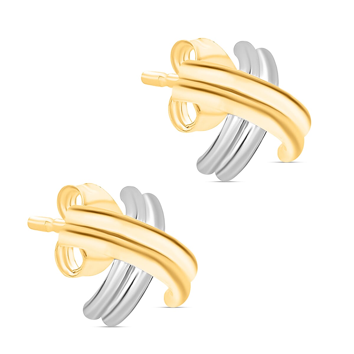 9K Two Colour Gold 13MM X 13MM Crossover Tube Kiss Stud Earrings 1.3 grams