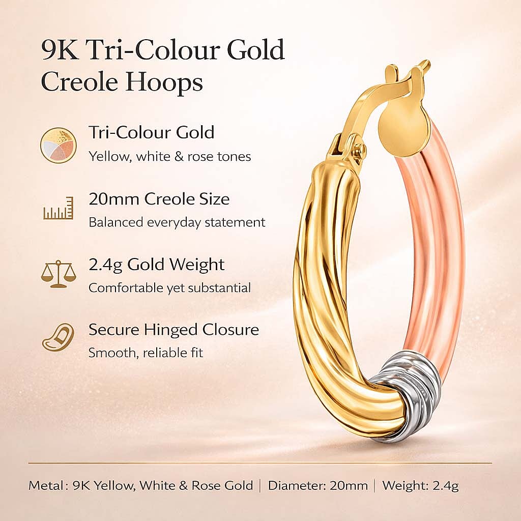 9K Tri Colour Gold 20MM Creole Hoop Earrings 2.4 grams