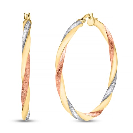 9K Tri Colour Gold 40MM Satin Twist Creole Hoop Earrings 2.3 grams