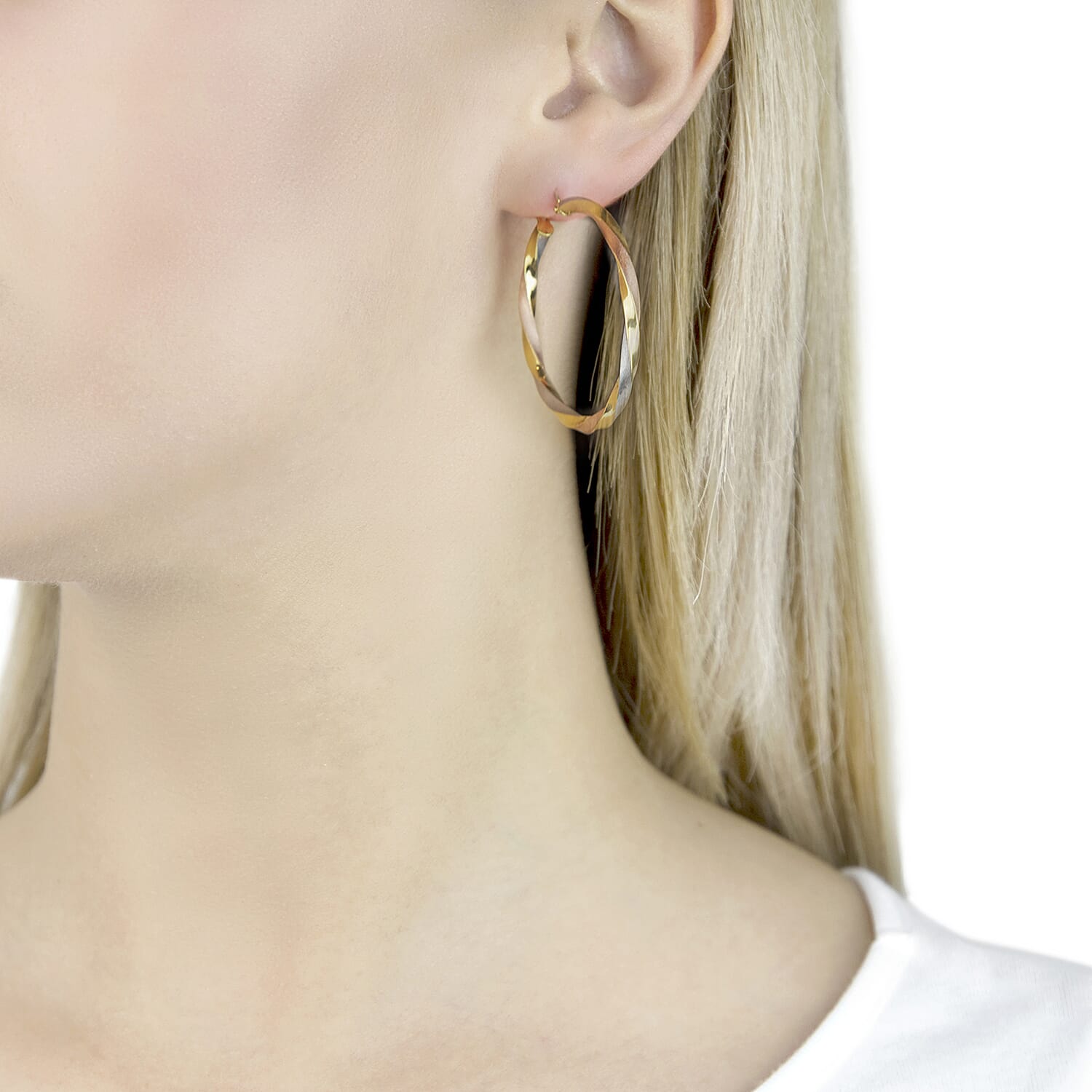 9K Tri Colour Gold 40MM Satin Twist Creole Hoop Earrings 2.3 grams