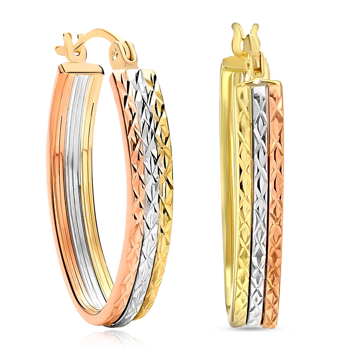 9K Tri Colour Gold 15MM X 25MM Diamond Cut Oval Creole Hoop Earrings 2.4 grams