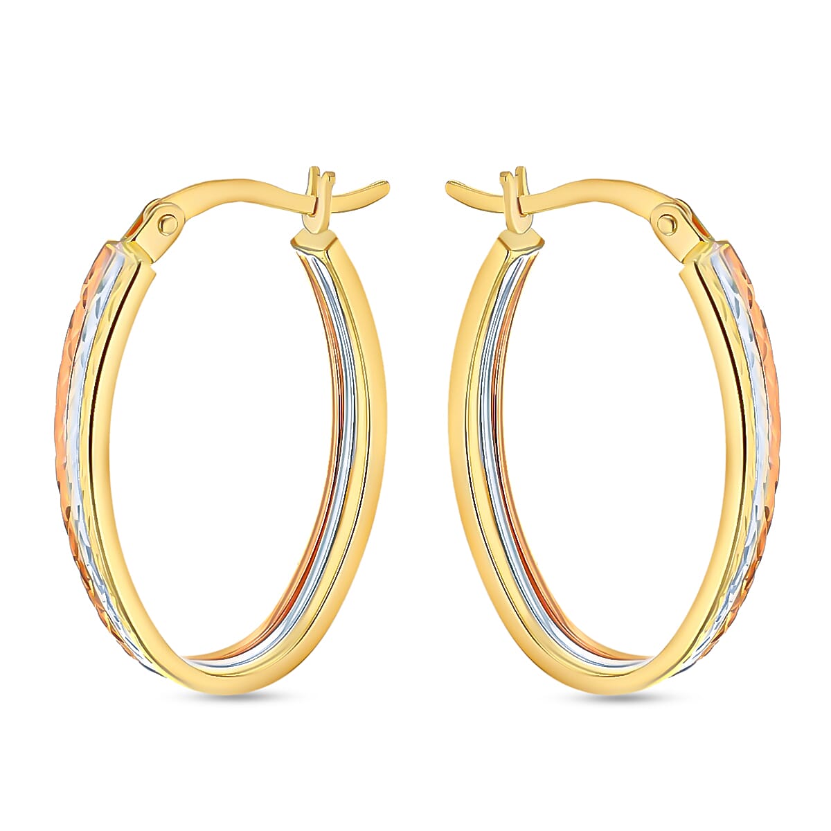 9K Tri Colour Gold 15MM X 25MM Diamond Cut Oval Creole Hoop Earrings 2.4 grams