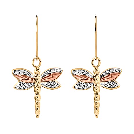 9K Tri Colour Gold Textured Dragonfly Drop Earrings