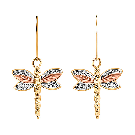 9K Tri Colour Gold 15MM X 17MM Textured Dragonfly Drop Earrings 0.45 grams