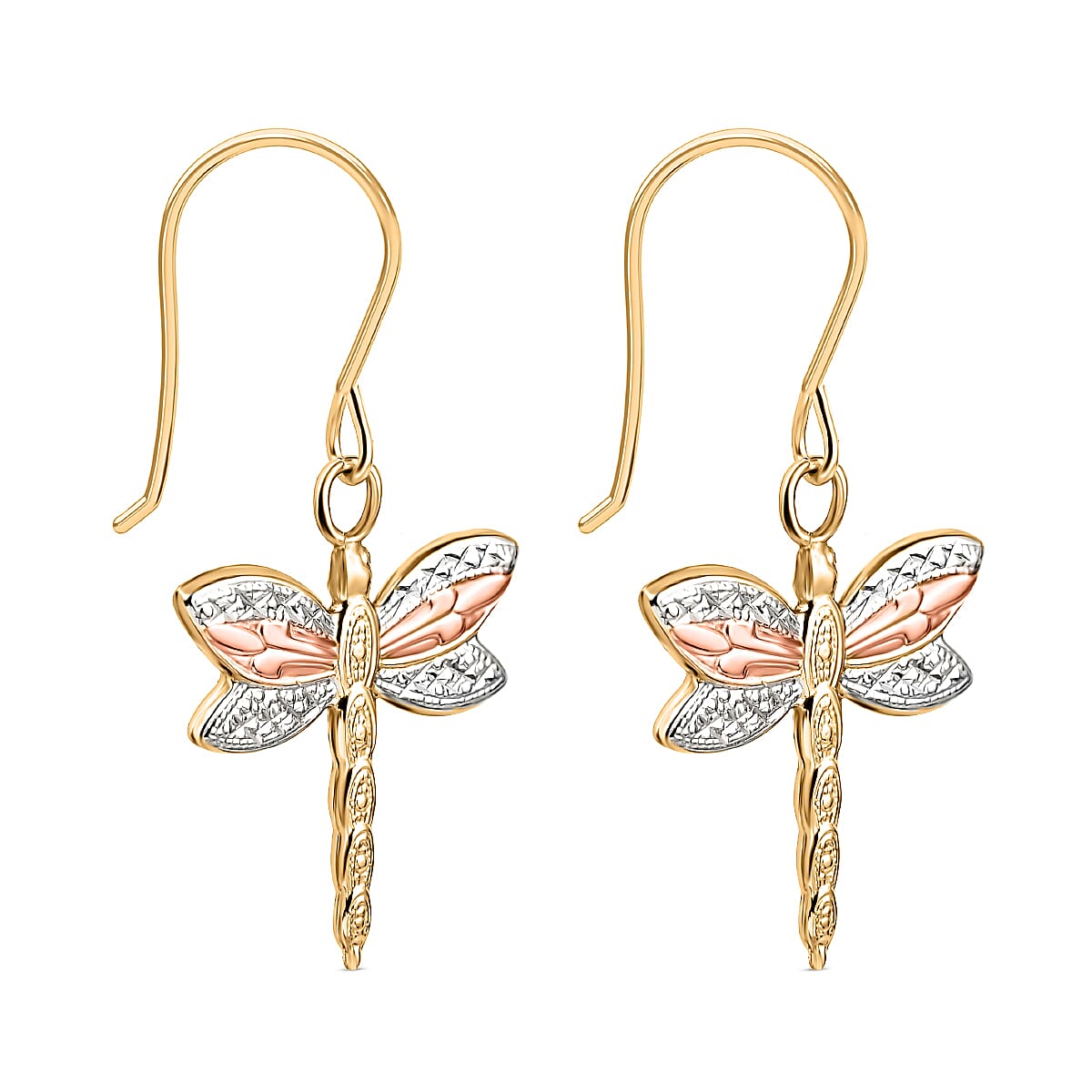 9K Tri Colour Gold Textured Dragonfly Drop Earrings