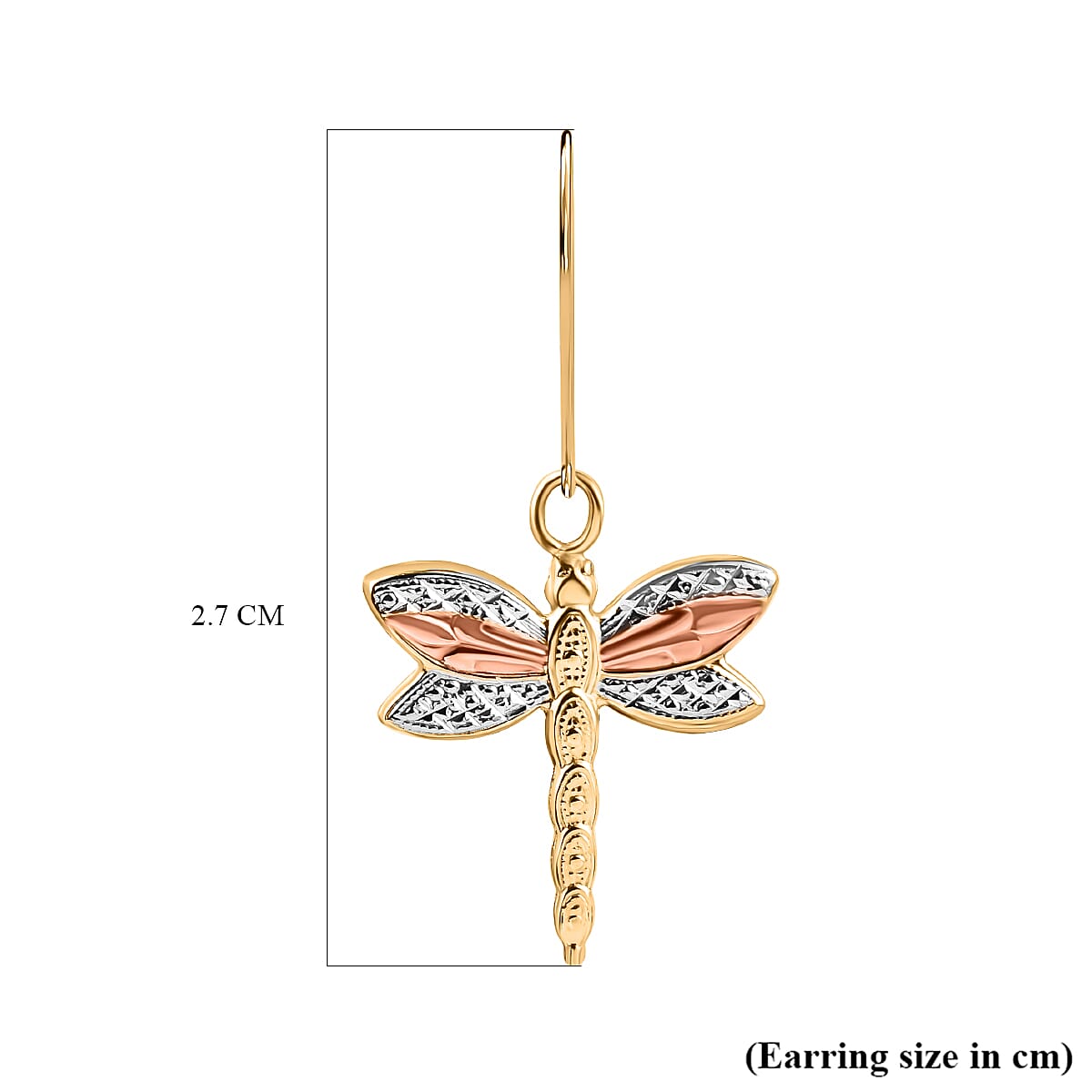 9K Tri Colour Gold Textured Dragonfly Drop Earrings
