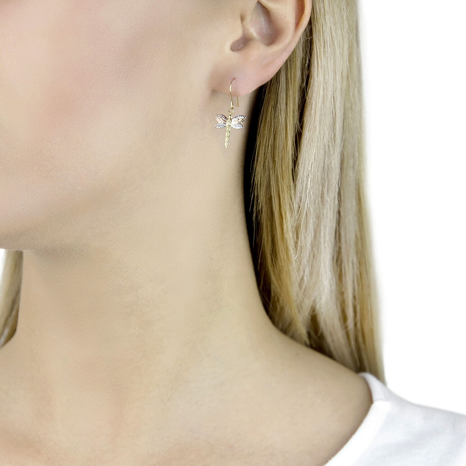 9K Tri Colour Gold Textured Dragonfly Drop Earrings