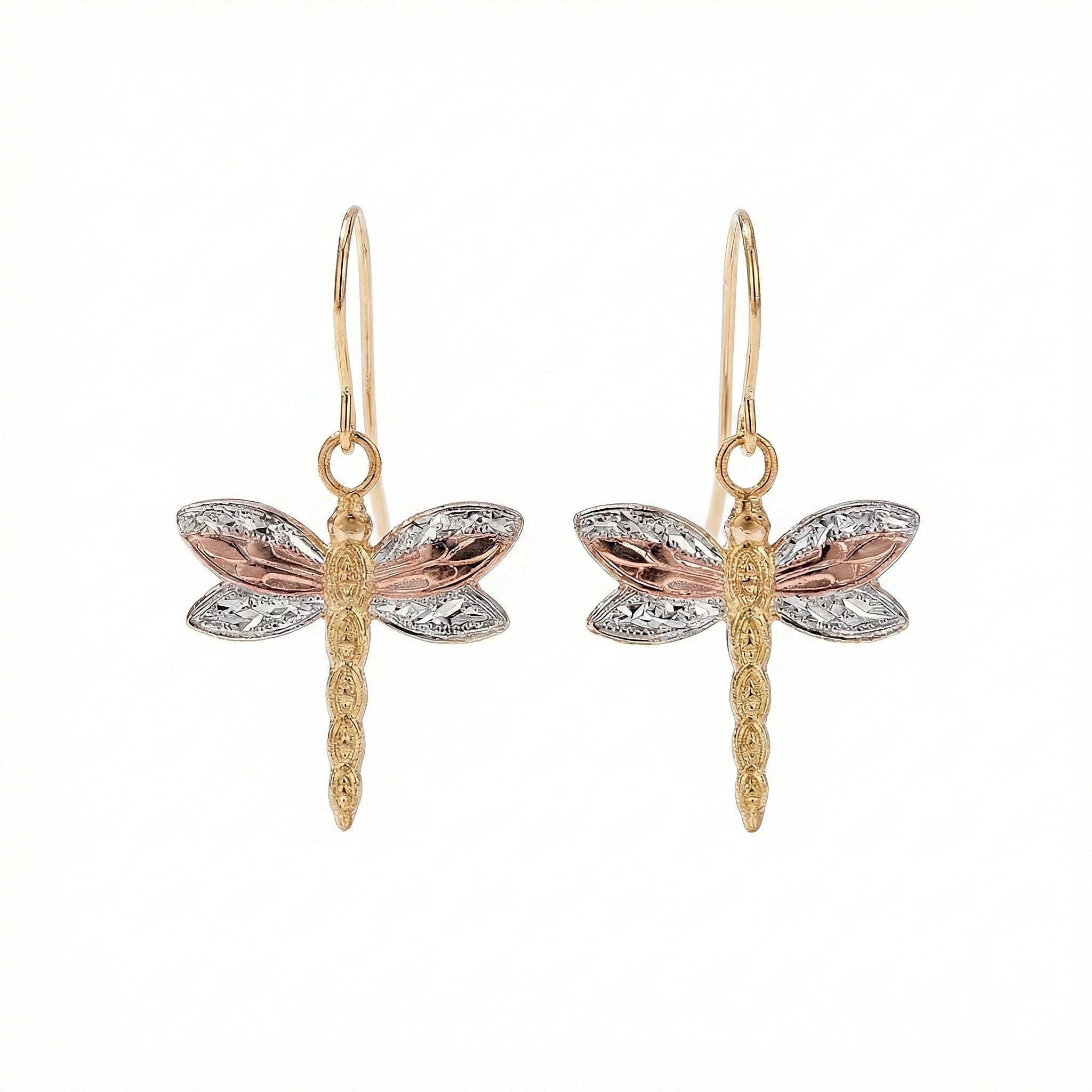 9K Tri Colour Gold Textured Dragonfly Drop Earrings With Hook
