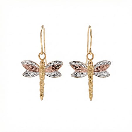9K Tri Colour Gold 15MM X 17MM Textured Dragonfly Drop Earrings 0.45 grams