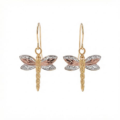 9K Tri Colour Gold Textured Dragonfly Drop Earrings With Hook