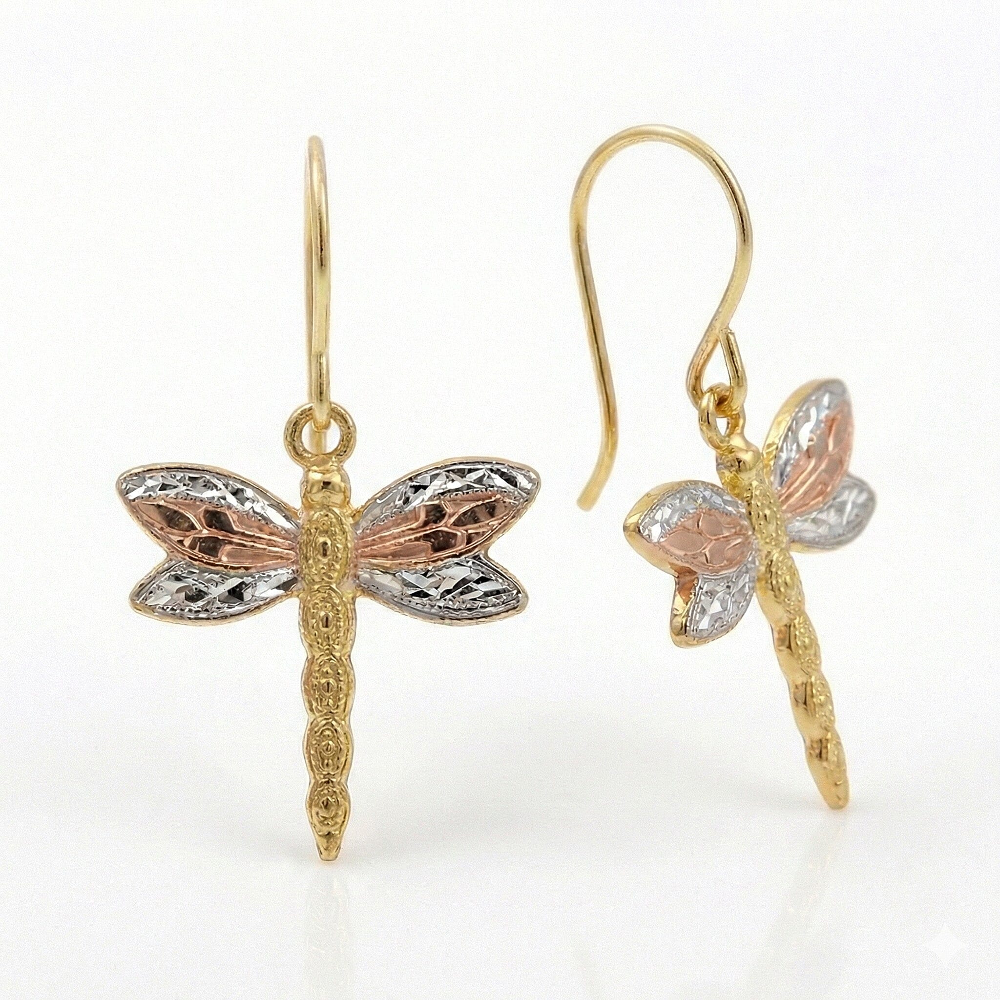 9K Tri Colour Gold Textured Dragonfly Drop Earrings With Hook