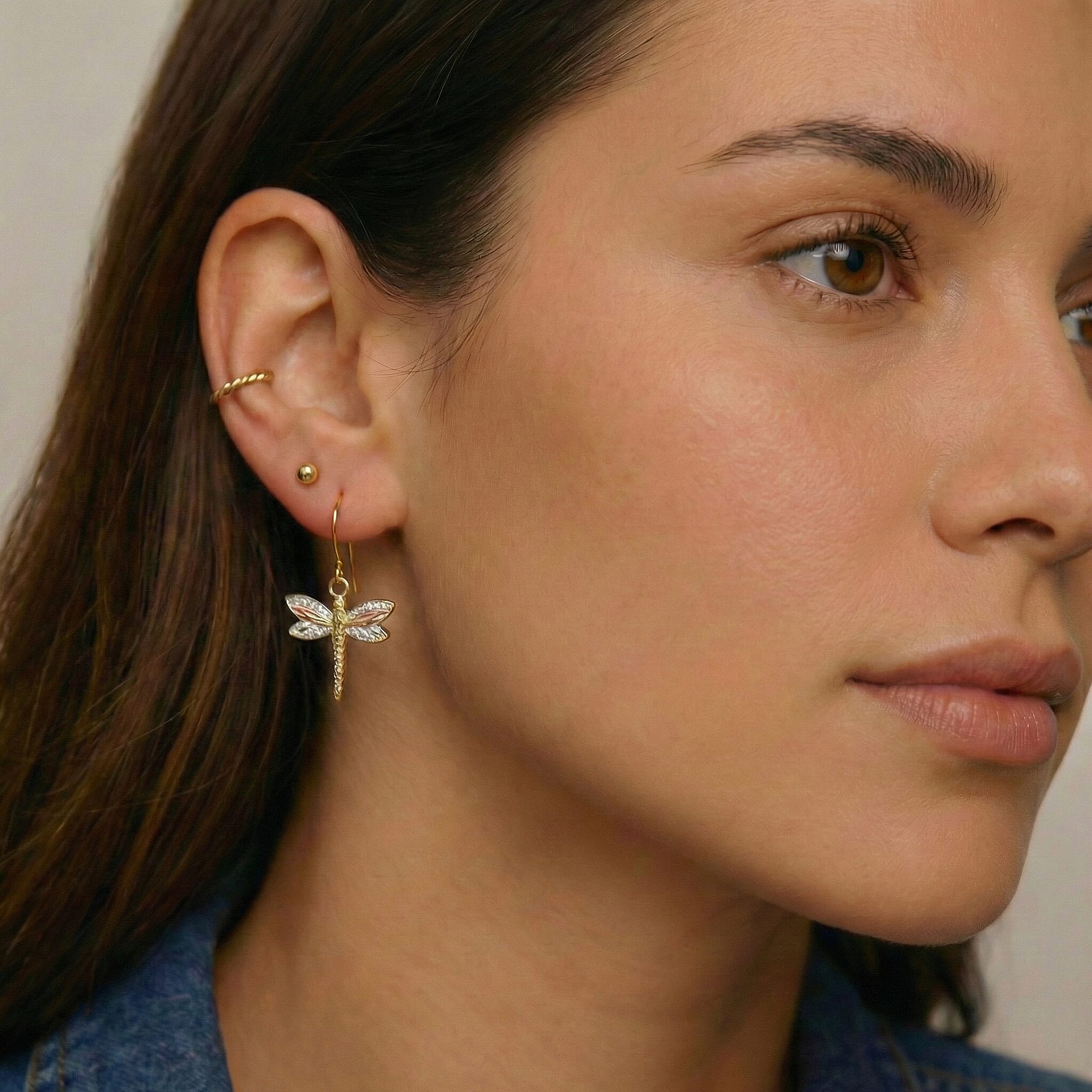 9K Tri Colour Gold Textured Dragonfly Drop Earrings With Hook