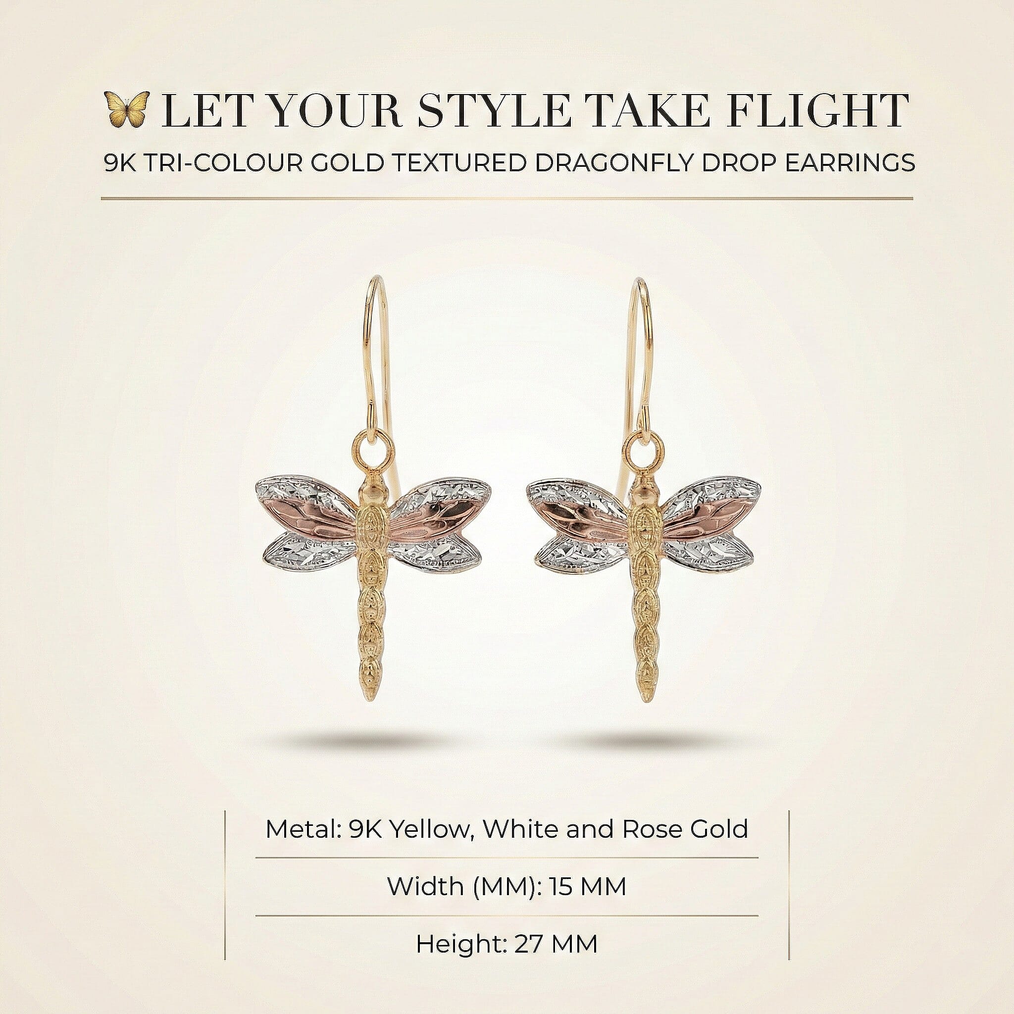 9K Tri Colour Gold Textured Dragonfly Drop Earrings With Hook