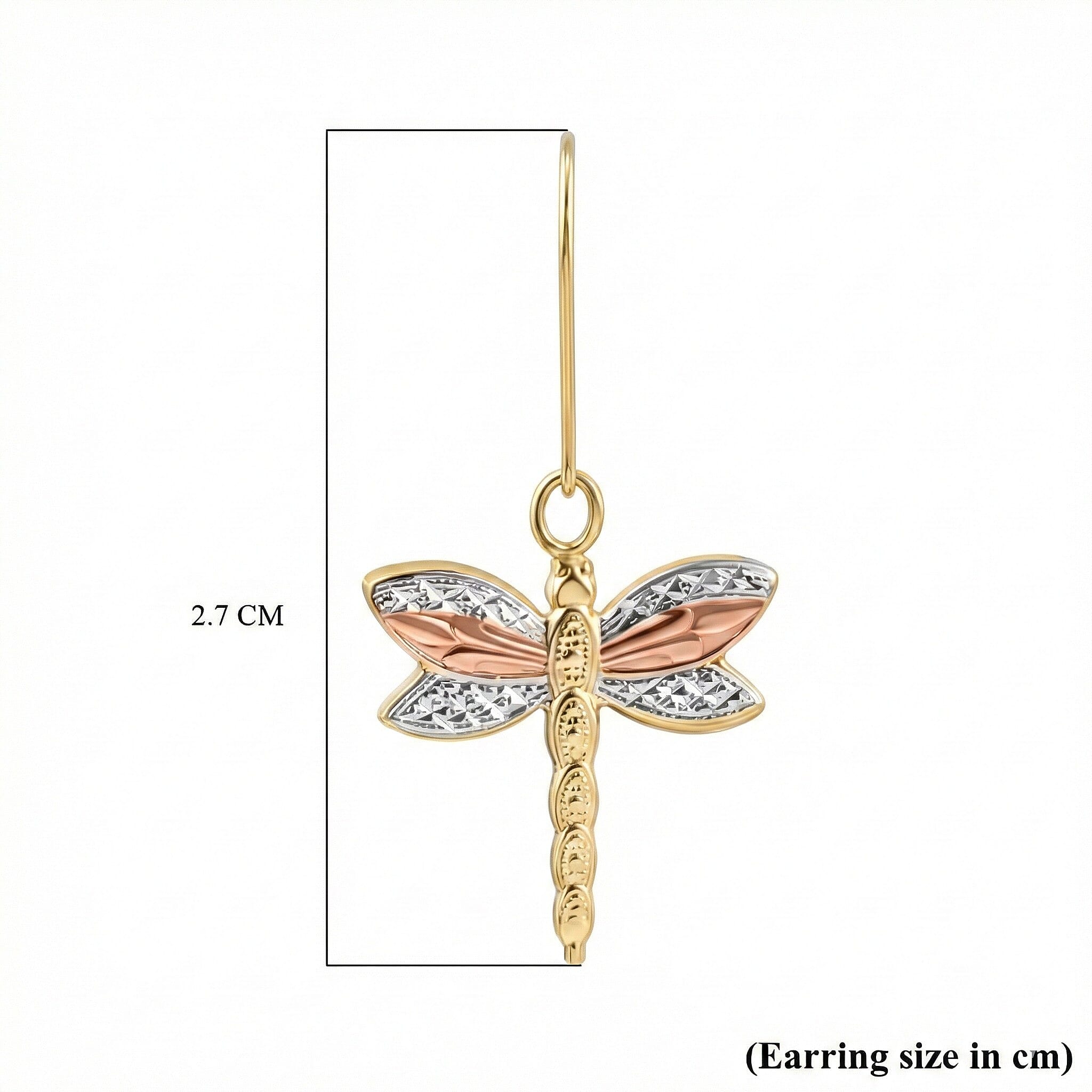9K Tri Colour Gold Textured Dragonfly Drop Earrings With Hook