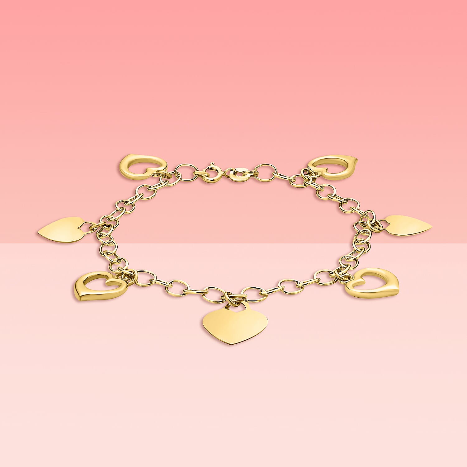 9K Yellow Gold Heart Charms Bracelet 7 Inch, 4.7 grams