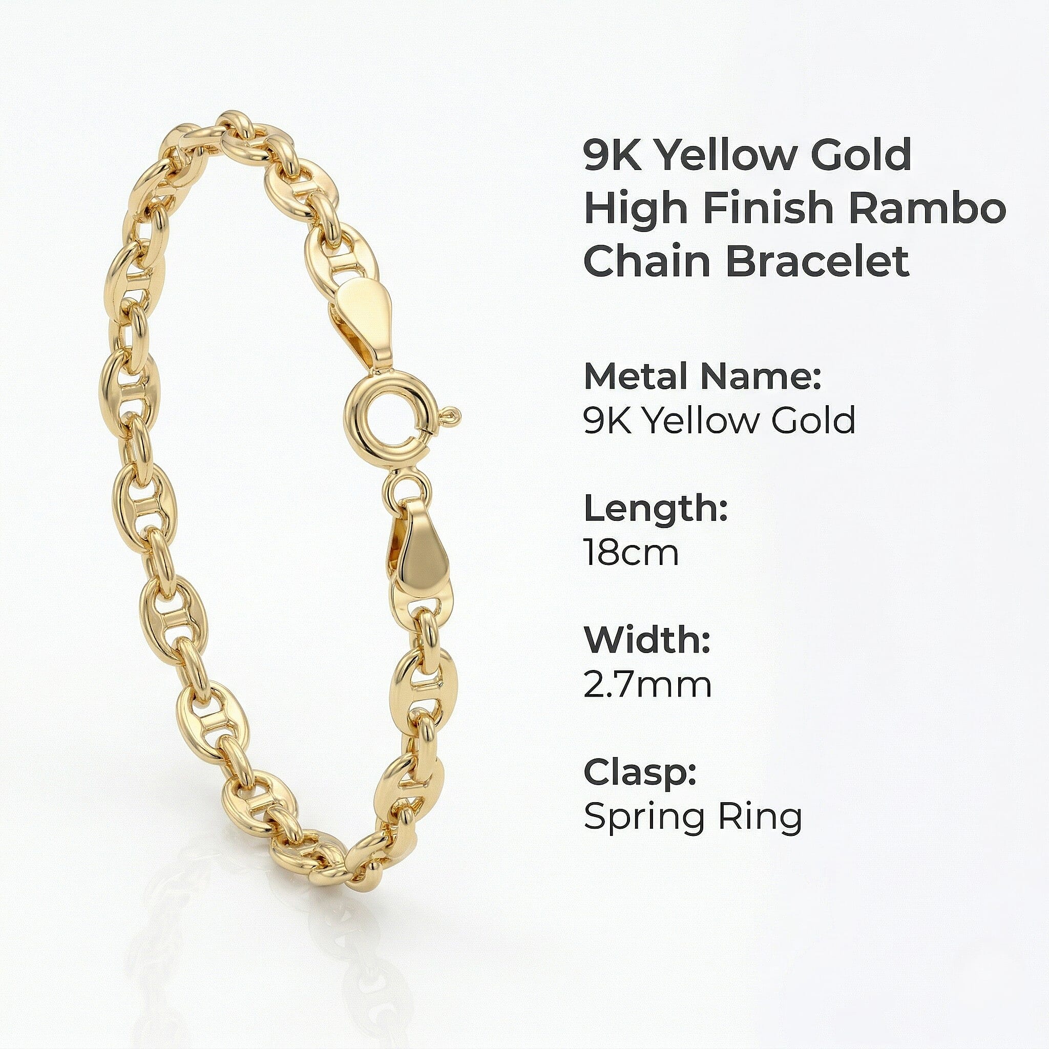 9K Yellow Gold High Finish Rambo Chain Bracelet 7 Inch, 1 grams