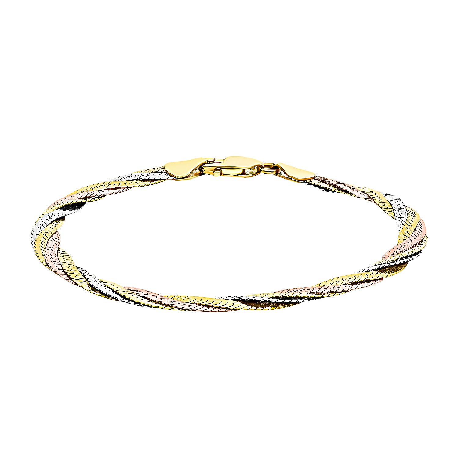 9K Tri Colour Gold Plait Diamond Cut Herringbone Bracelet 7 Inch, 4.4 grams