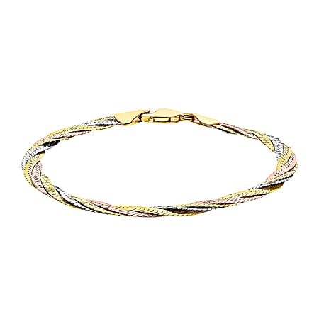 9K Tri Colour Gold Plait Diamond Cut Herringbone Bracelet 7 Inch 4.4 grams