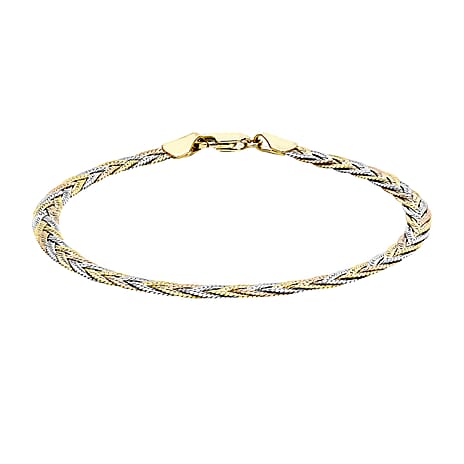 9K Tri Colour Gold High Finish Plait Textured Herringbone Bracelet 7 Inch, 3 grams