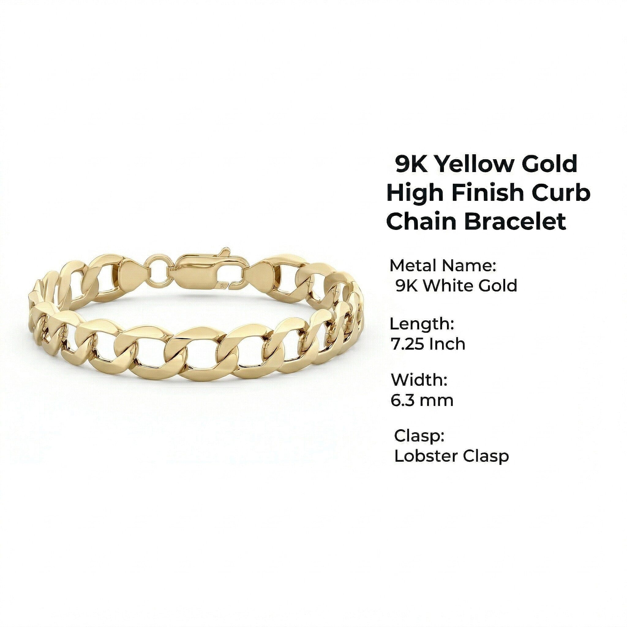 9K Yellow Gold High Finish Curb Chain Bracelet 7.25 Inch, 4.5 grams