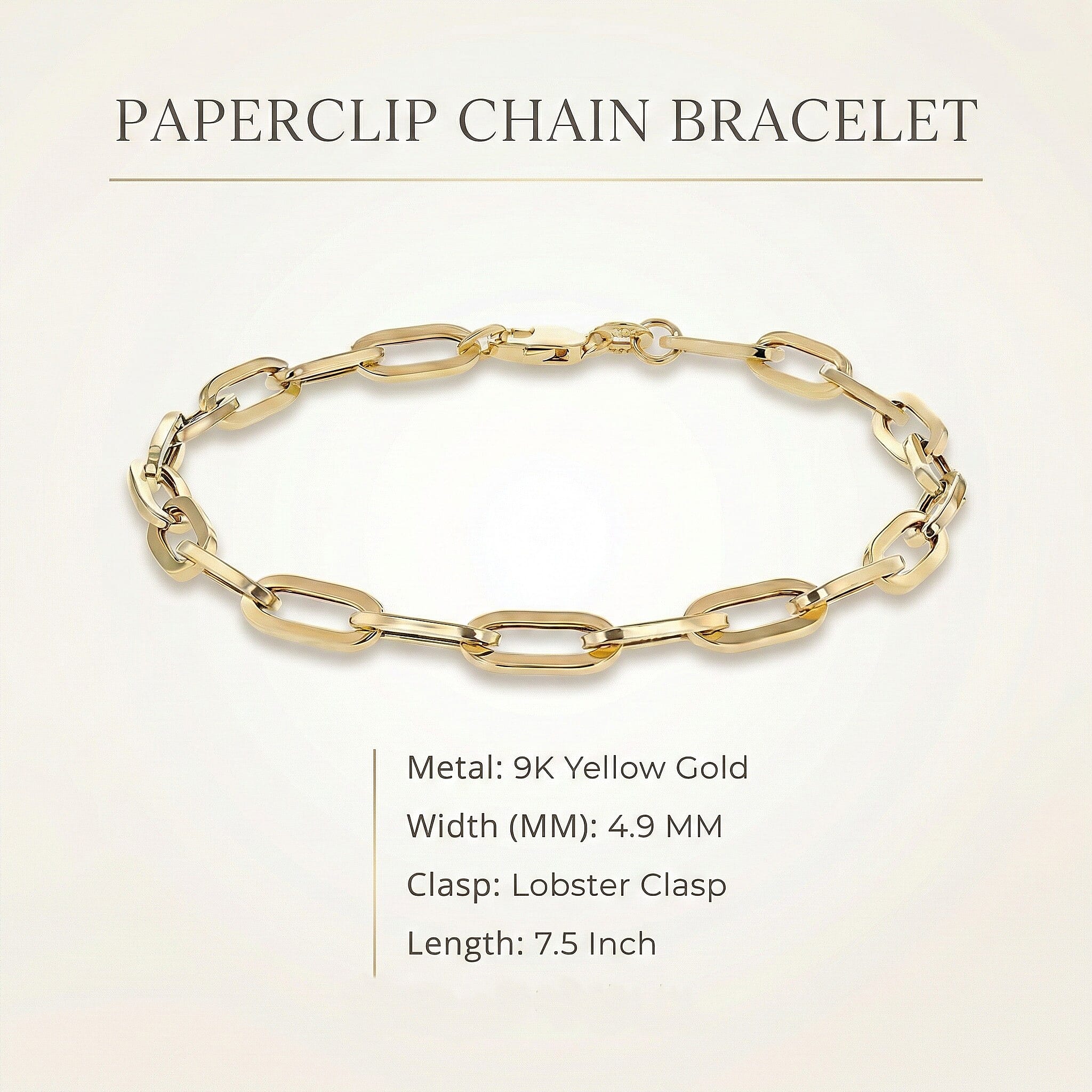 9K Yellow Gold 4.9MM Paperclip Chain Bracelet 7.5 Inch, 3.7 grams