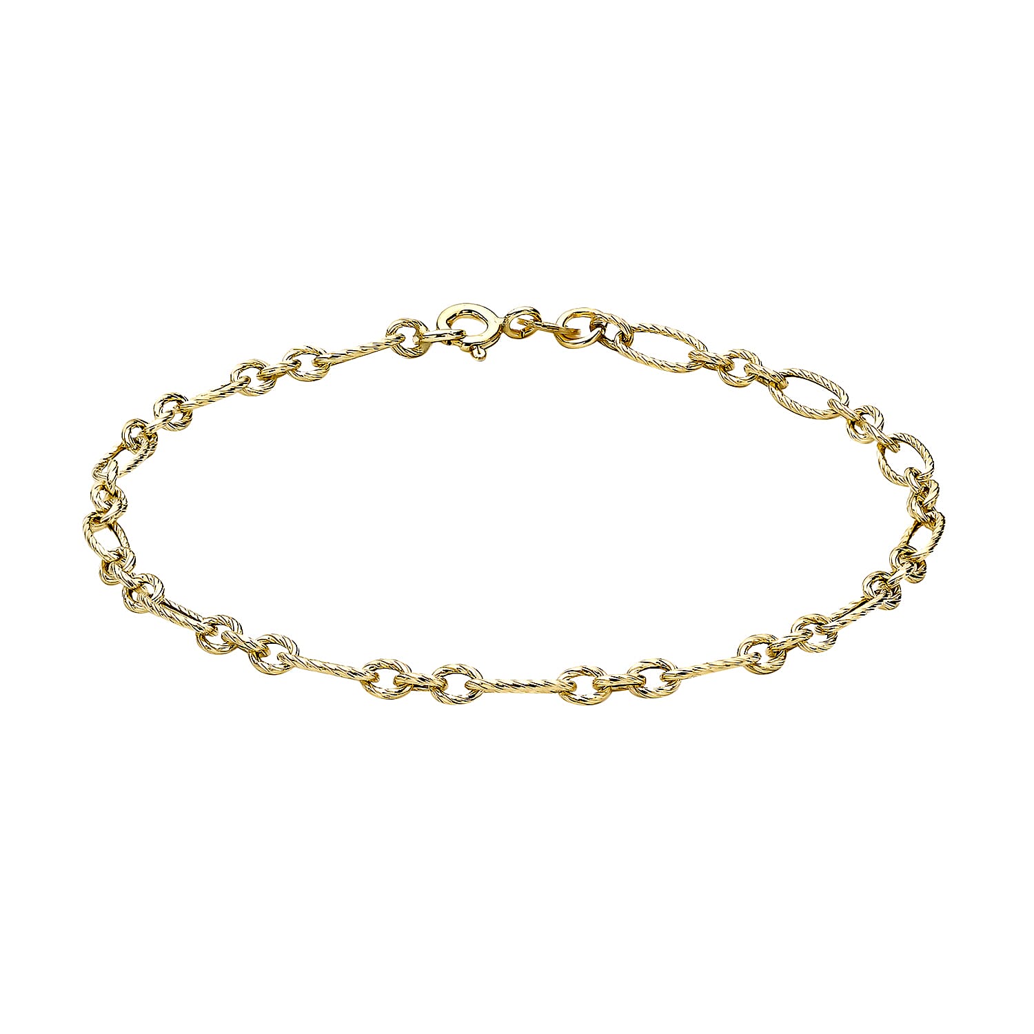 9K Yellow Gold Textured Figaro Bracelet 7.5 Inch, 1.4 grams