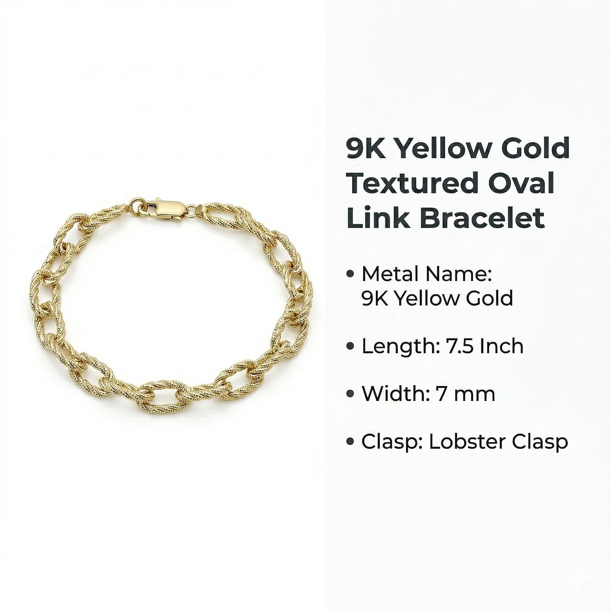 9K Yellow Gold Textured Oval Link Bracelet 7.5 Inch, 4.5 grams