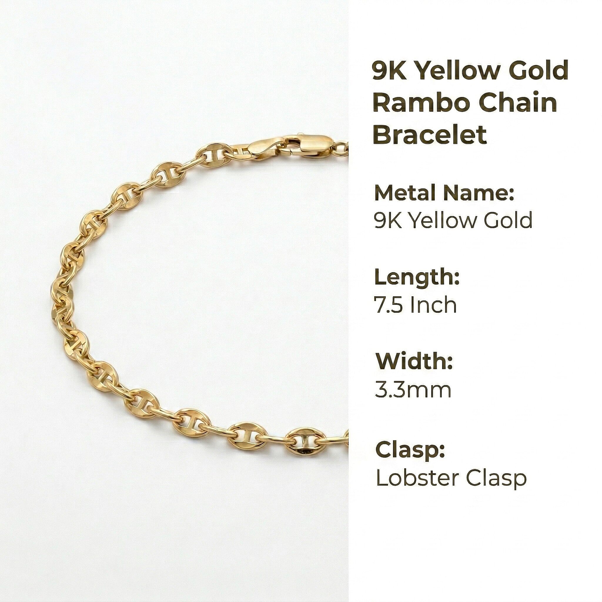 9K Yellow Gold Rambo Chain Bracelet  7.5 Inch, 1.6 grams