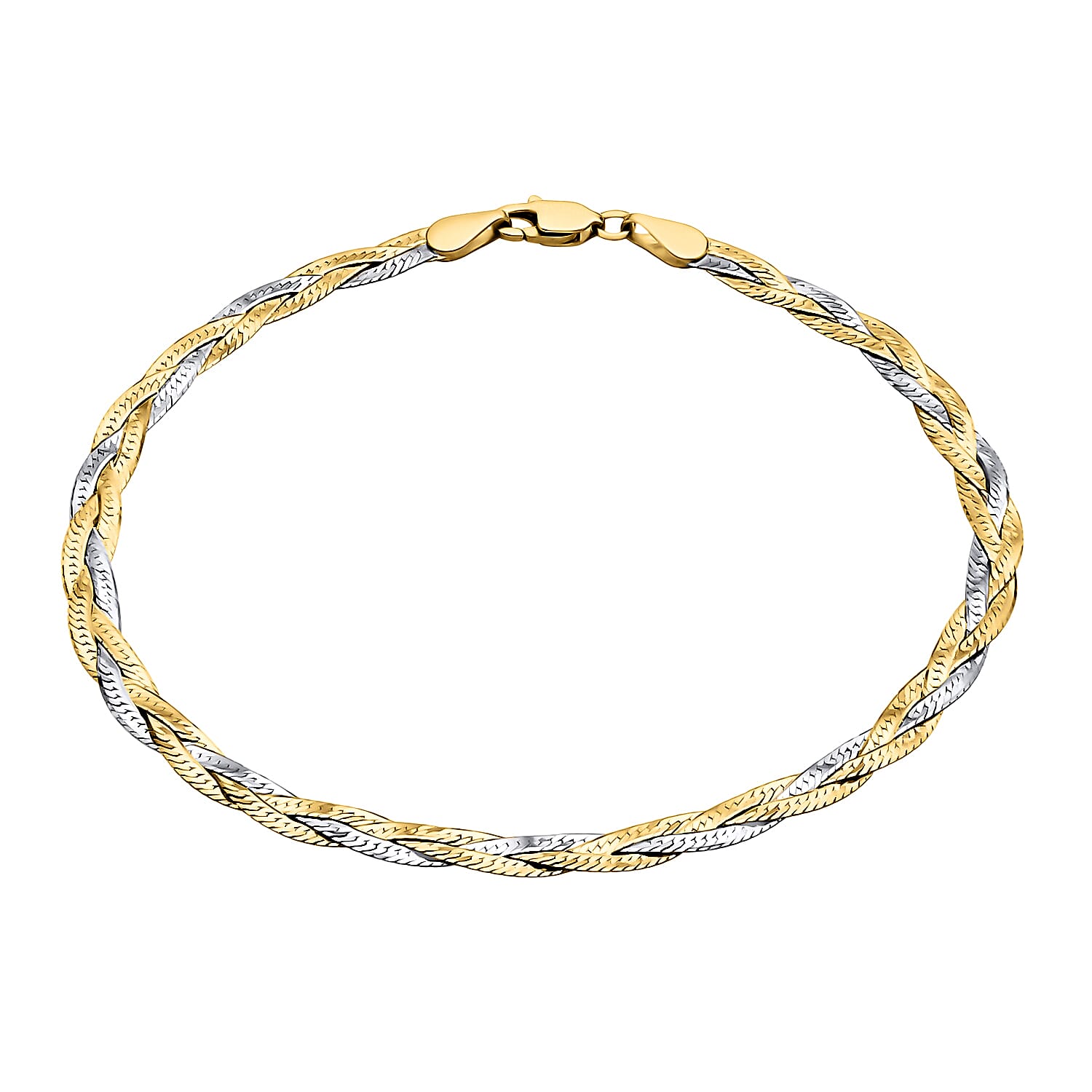 9K Two Colour Gold 3MM Diamond Cut 3 Plait Herringbone Bracelet 7.5 Inch, 2.1 grams