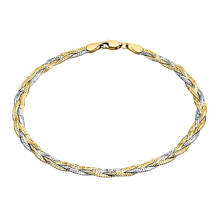 9K Two Colour Gold 3MM Diamond Cut 3 Plait Herringbone Bracelet 7.5 Inch 2.1 grams