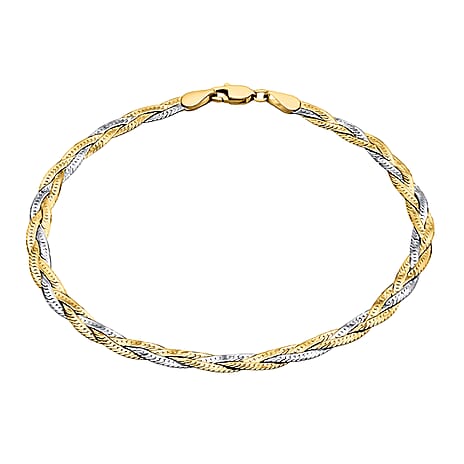 9K Two Colour Gold 3MM Diamond Cut 3 Plait Herringbone Bracelet 7.5 Inch, 2.1 grams