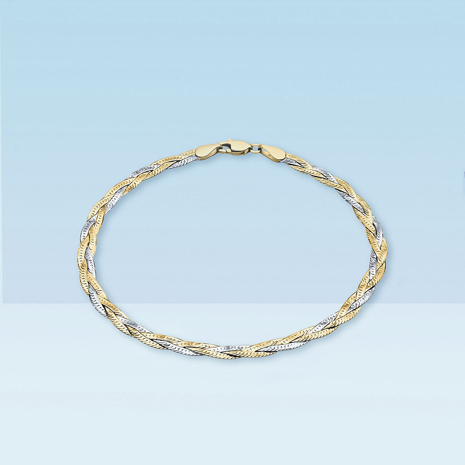 9K Two Colour Gold 3MM Diamond Cut 3 Plait Herringbone Bracelet 7.5 Inch, 2.1 grams