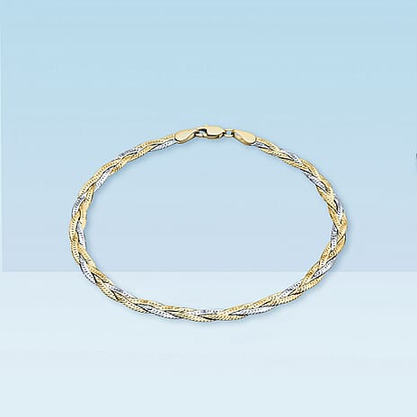 9K Two Colour Gold 3MM Diamond Cut 3 Plait Herringbone Bracelet 7.5 Inch, 2.1 grams
