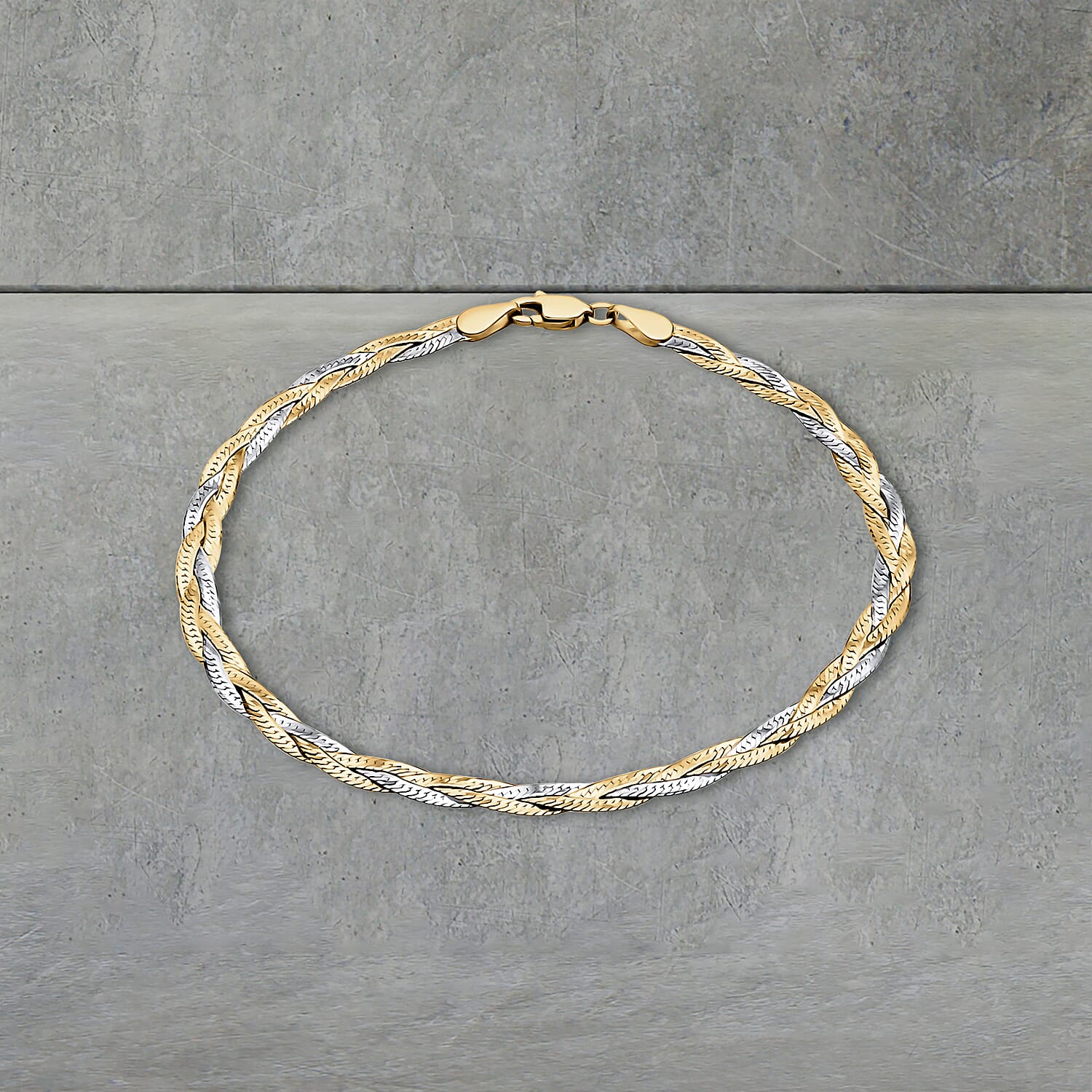 9K Two Colour Gold 3MM Diamond Cut 3 Plait Herringbone Bracelet 7.5 Inch, 2.1 grams