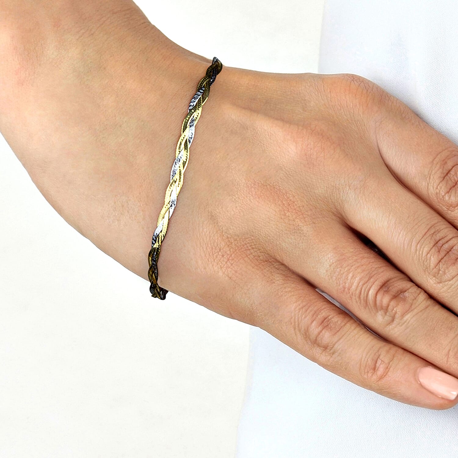 9K Two Colour Gold 3MM Diamond Cut 3 Plait Herringbone Bracelet 7.5 Inch, 2.1 grams