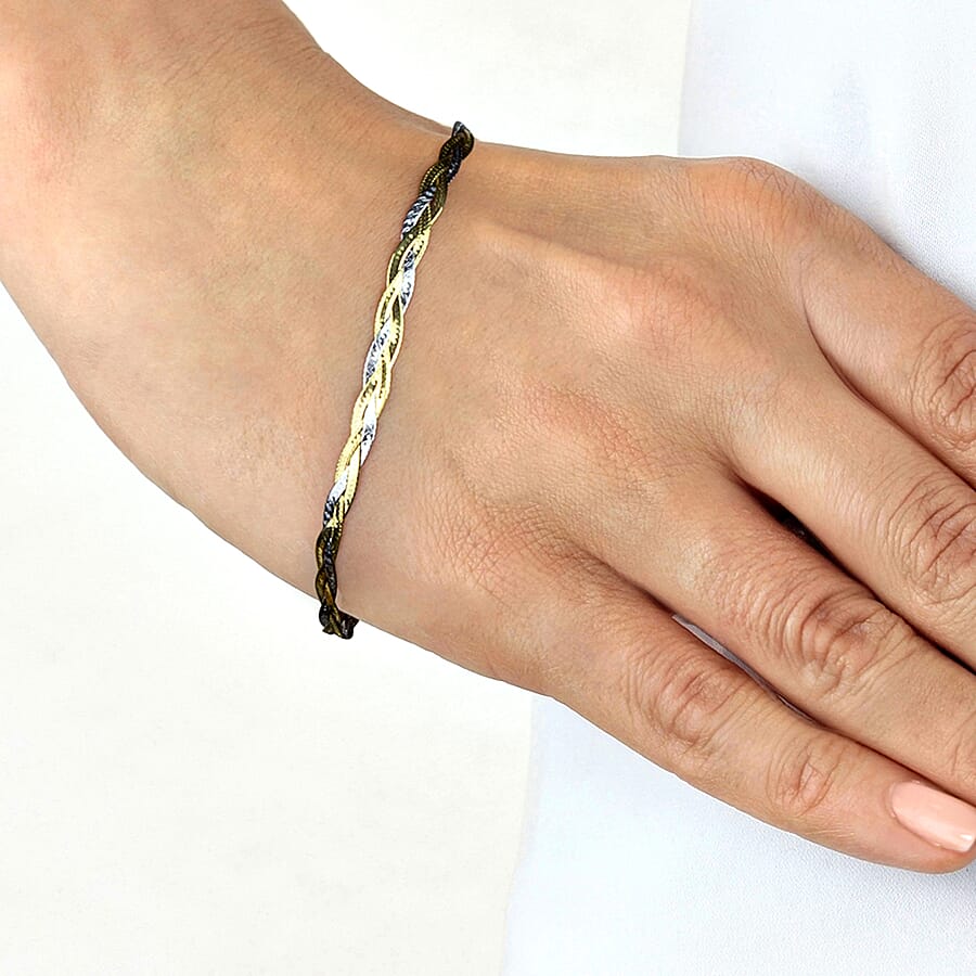 9K Two Colour Gold 3MM Diamond Cut 3 Plait Herringbone Bracelet 7.5 Inch, 2.1 grams