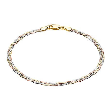 9K Tri Colour Gold Triple Plait Diamond Cut Herringbone Bracelet 7.5 Inch 1.8 grams