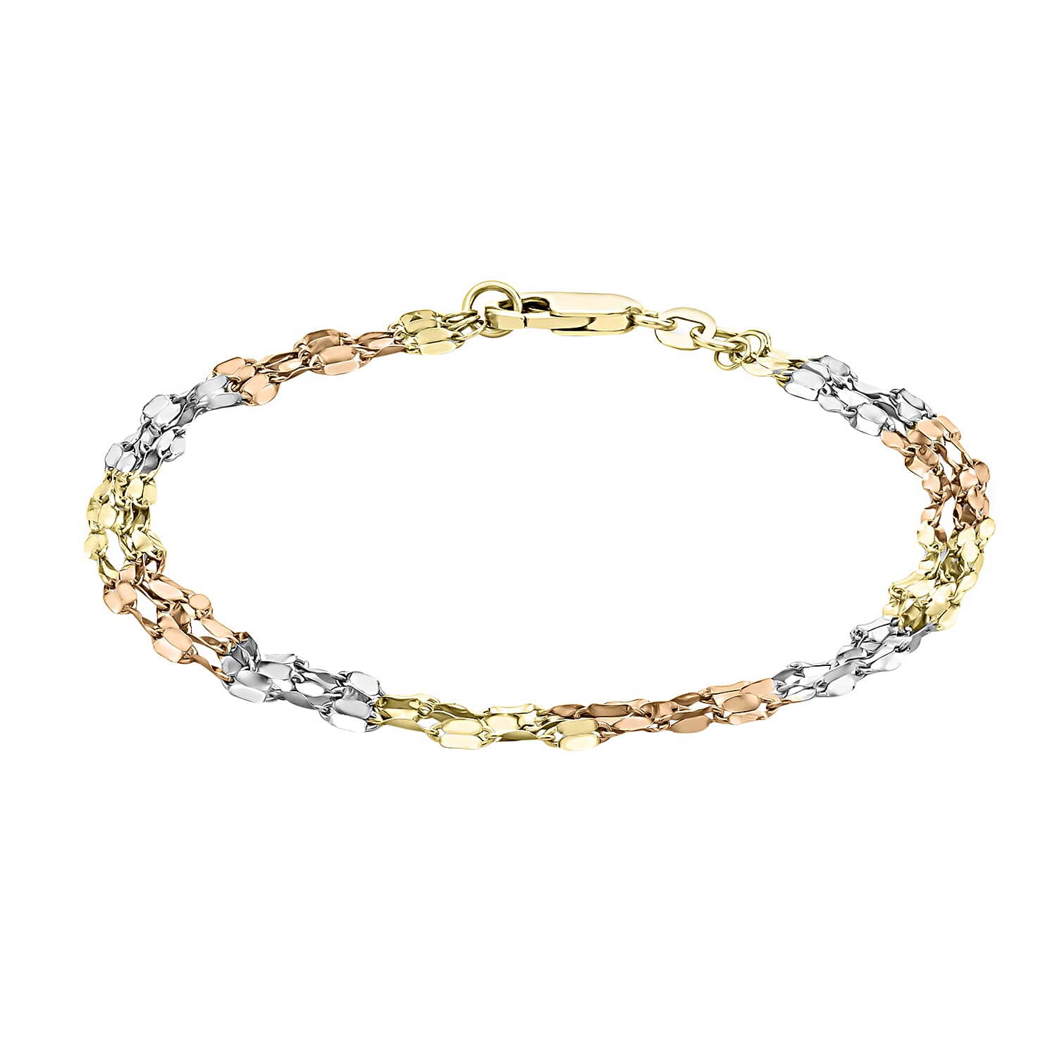 9K Tri Colour Gold 2MM 3 Strand Forzatina Chain Bracelet .5 Inch, 2.4 grams