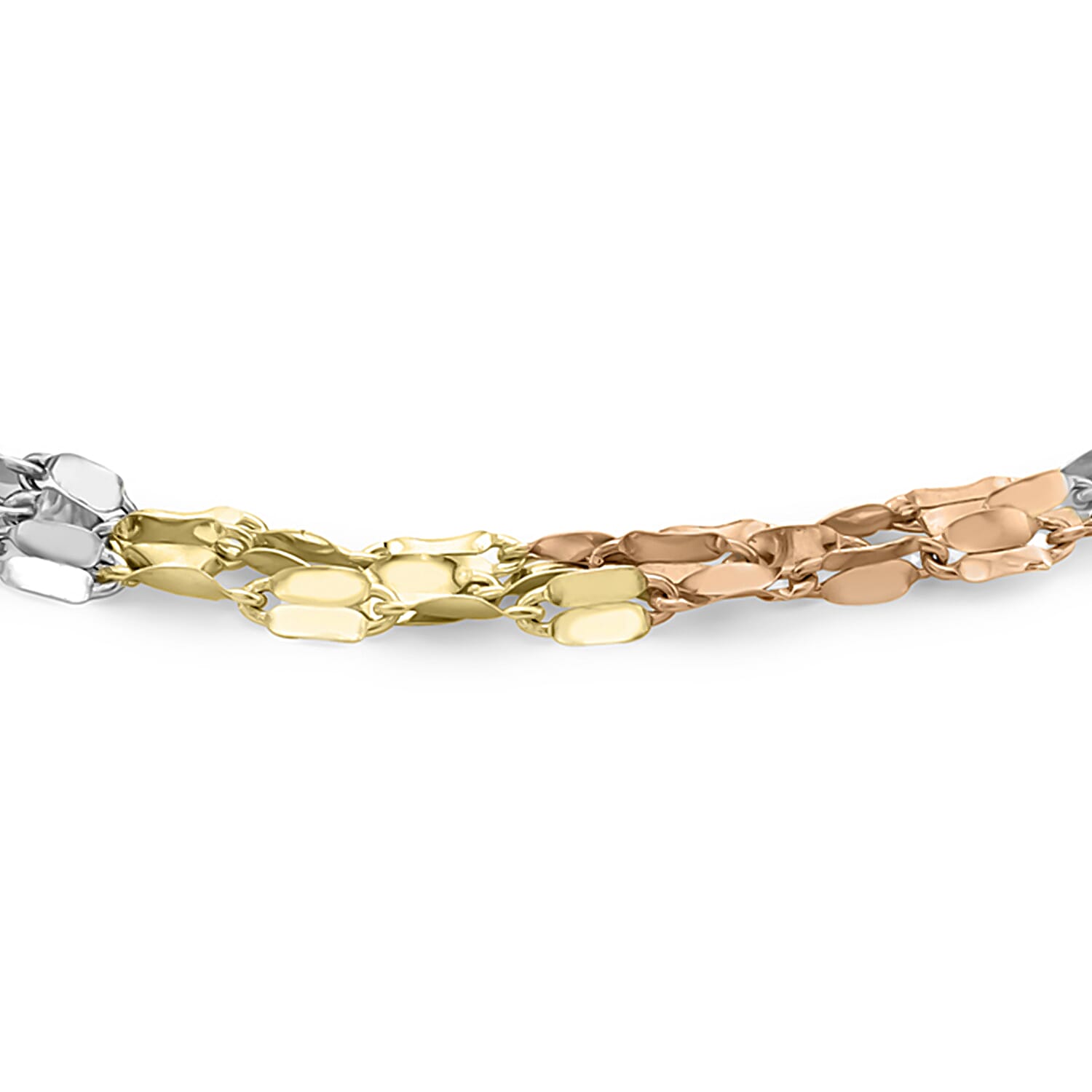 9K Tri Colour Gold 2MM 3 Strand Forzatina Chain Bracelet .5 Inch, 2.4 grams