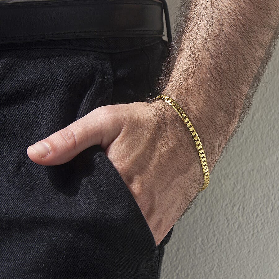 9K Yellow Gold 4MM Flat Diamond Cut Curb Bracelet 8 Inch, 5.1 grams