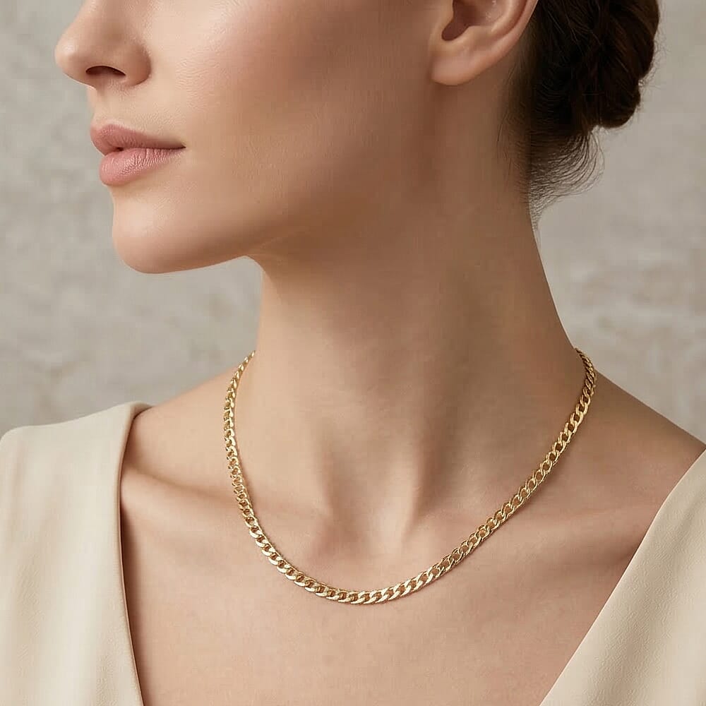 9K Yellow Gold Diamond Cut Flat Curb Chain With Lobster Clasp (Size - 16)