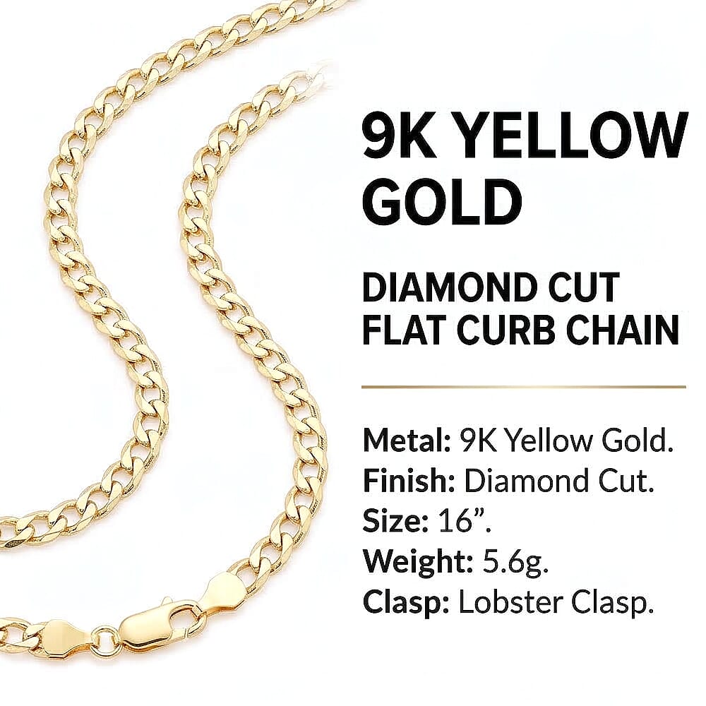 9K Yellow Gold Diamond Cut Flat Curb Chain With Lobster Clasp (Size - 16)