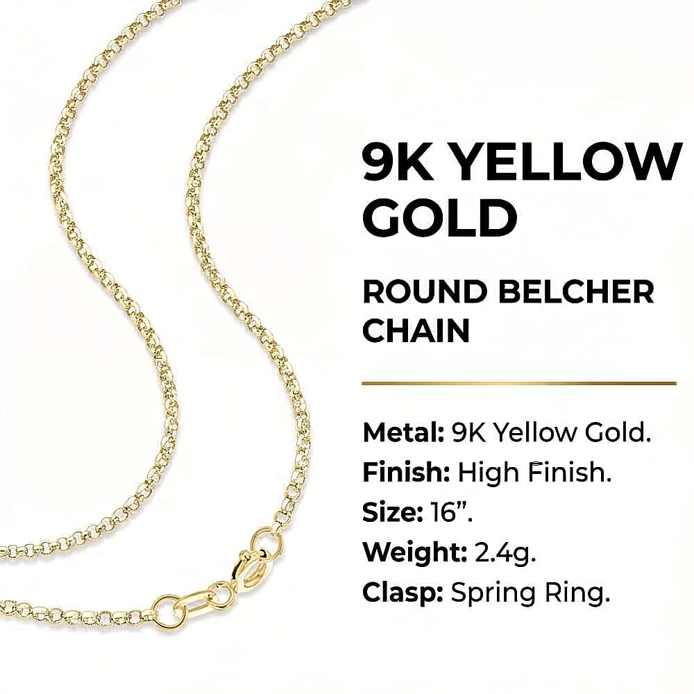 9K Yellow Gold High Finish Round Belcher Chain 16 Inch, 2.4 grams