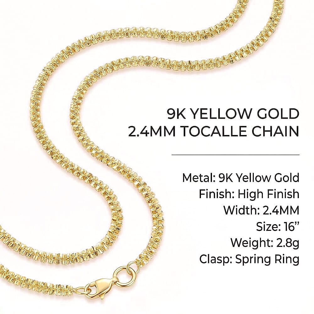 9K Yellow Gold High Finish 2.4MM Tocalle Chain 16 Inch, 2.8 grams